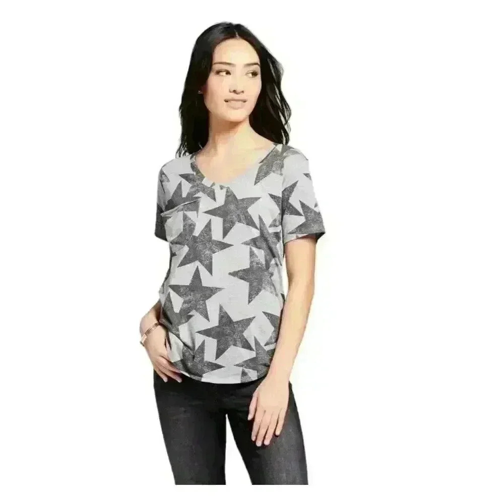 Grayson Threads Gray/Black Stars V-Neck T-Shirt, Small
